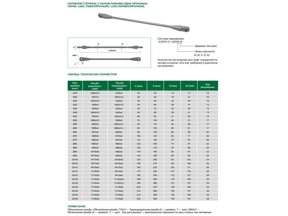 Натяжной стержень с наконечниками (одна проушина). Серия LG02 (равнорочный) LG05 (неравнопрочный)